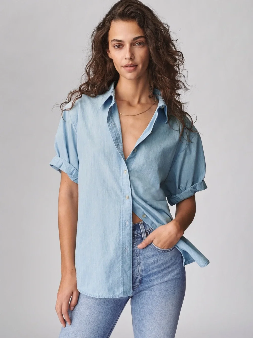 Time & Tru Light Blue Short-Sleeve Chambray Button-Down Shirt Large - Picture 1 of 11